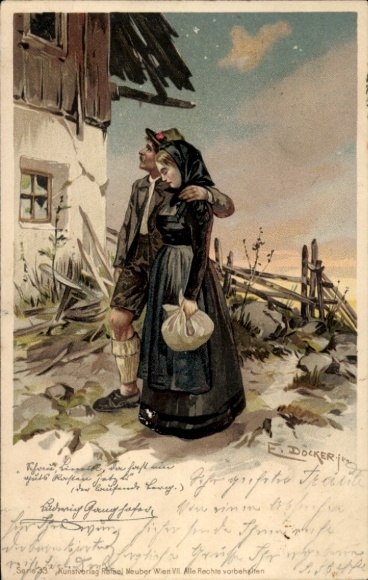 Kunstenaar litho Döcker, E, Boerenpaar, Ludwig Ganghofer