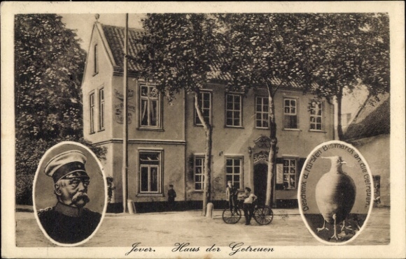 Postcard Jever in Friesland, view of the House of the Faithful, portrait Bismarck, gift