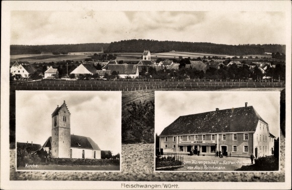 Postcard Fleischwangen in Württemberg, church, goods store and restaurant, panorama of the place