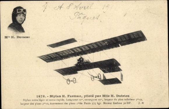 CPA Biplan H. Farman, pilotowany przez Hélène Dutrieu