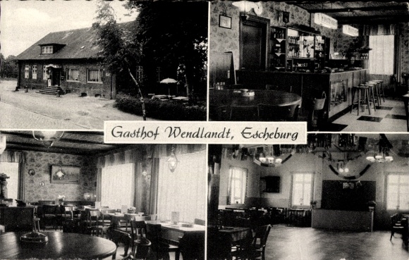 Postcard Escheburg in Lauenburg, Gasthof Wendlandt, exterior view, guest room, bar, club rooms
