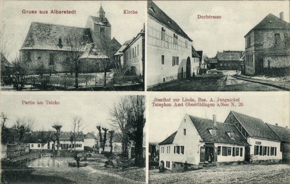 Ak Alberstedt Farnstädt in de Saalekreis, groeten uit de kerk, dorpsstraat, feest aan de vijver, herberg z