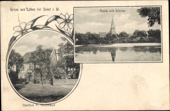 Postcard Lohne Bad Sassendorf in Westphalia, pond with church, inn