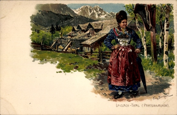 Postcard Partenkirchen in Upper Bavaria, woman in traditional costume, mountains in the background, idyllic L