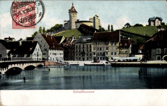 Ak Schaffhausen am Rhein Schweiz, Stadtansicht, Wasser, Brücke, historische Gebäude, Berge, Po...