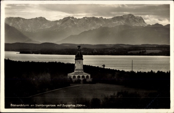 Postcard Assenhausen Berg on Lake Starnberg, Bismarck Tower