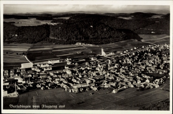 Postcard Burladingen in the Swabian Alb, aerial view of many roofs, landscape in the background