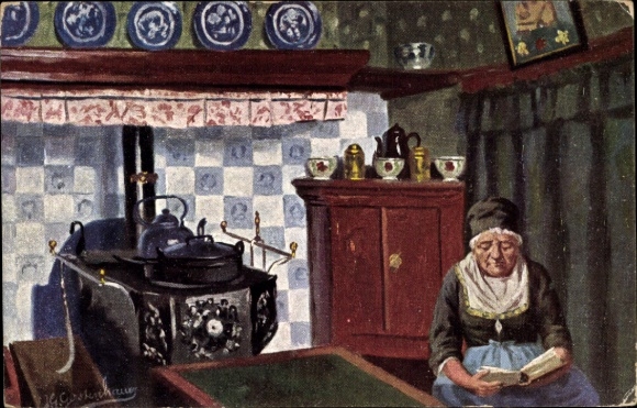 Artist Postcard Gerstenhauer, Johann Georg, old woman in Dutch costume with book at the stove