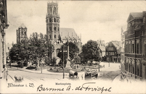 Ak Münster in Westfalen, Marienplatz, Fahzeuge, Bäume, Gebäude