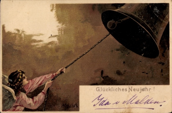 Artist Postcard Mailick, Happy New Year, angel, bell