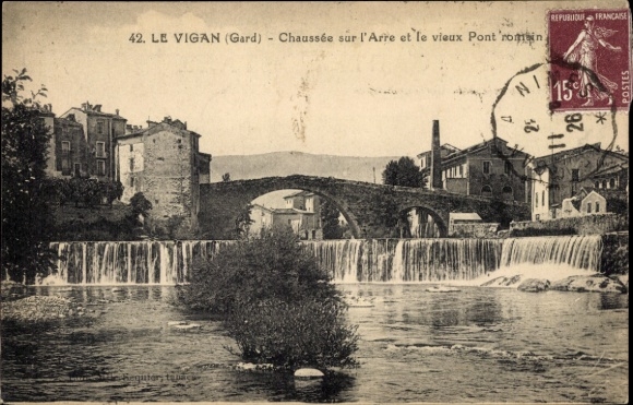 PC Le Vigan Gard, old Roman bridge, waterfall, houses, postmark