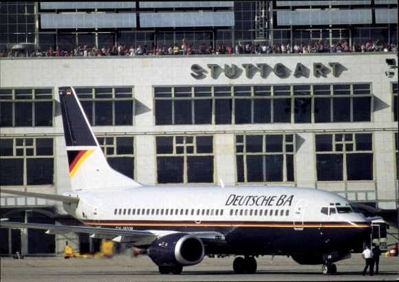 Postcard Leinfelden Echterdingen on the Fildern, Stuttgart Airport, Boeing 737 aircraft, Deutsche Ba
