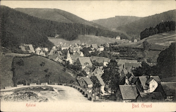 Ak Bad Grund im Harz, Totalansicht der Ortschaft mit Umgebung, Kelstal, Wald