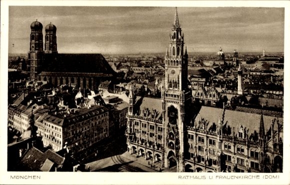 Postcard Munich, Town Hall, Frauenkirche, Propaganda Stamp, Capital of the Movement, HJ