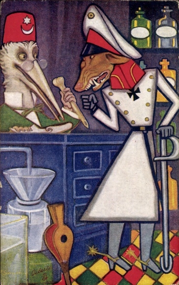 Künstler Ak De Wolf en de Ooievaar, Vermenschlichte Tiere, Allegorie Deutsches und Osmanisches Reich