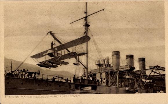 Postcard French naval aircraft is fished out, German warship