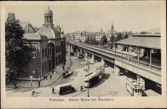 Postcard Rotterdam South Holland Netherlands, Stations Beurs met Beursplein, tram