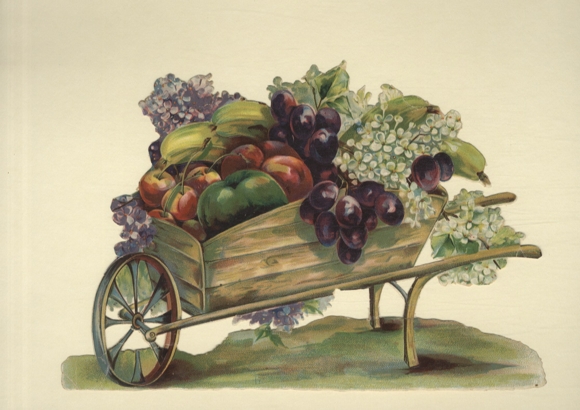 Wafer wooden cart with fruits and lilac blossoms, size approx. 16 x 24 cm
