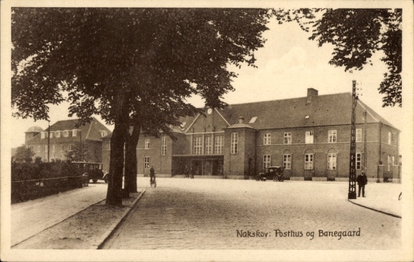 Postcard Nakskov Lolland Denmark, post office and train station