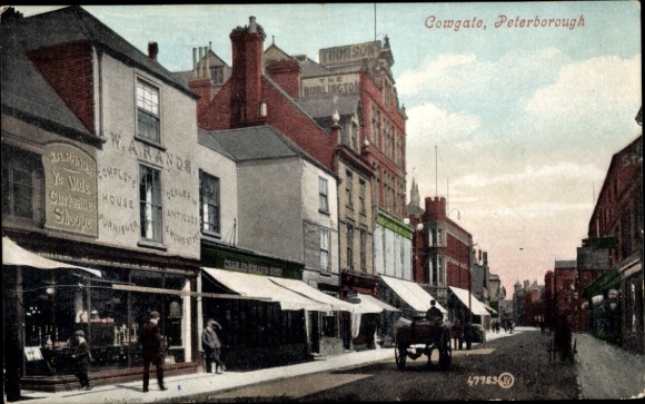 Ak Peterborough Cambridgeshire England, Cowgate, Geschäfte, Pferdefuhrwerk, historische Archit...