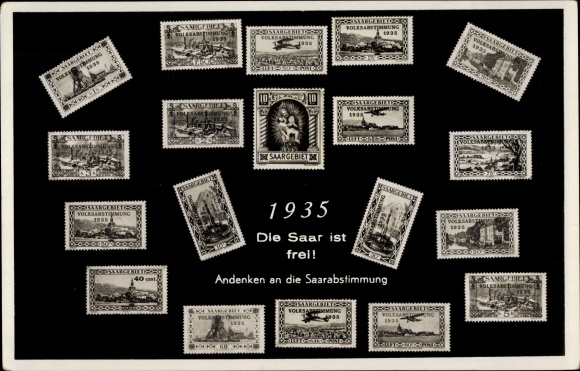 Postzegels ansichtkaart De Saar is gratis, aandenken aan de Saarstemming in 1935