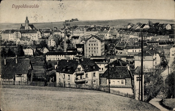 Postcard Dippoldiswalde in the Ore Mountains, town view with houses, church, hills,