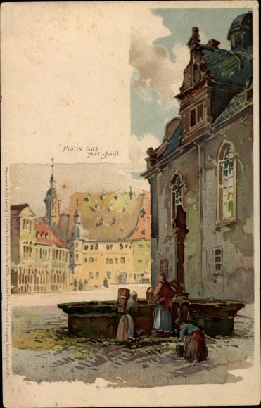 Kunstenaar litho Otto Hammel, Arnstadt, vrouwen bij de fontein