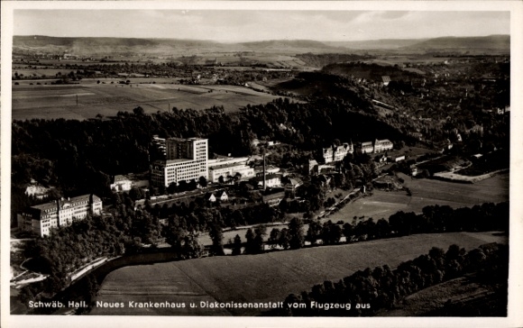 Postcard Schwäbisch Hall in Baden Württemberg, New Hospital, Deaconess Institution, aerial photograph