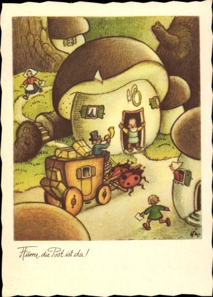 Artist Postcard Hurray, the mail is here, ladybugs pull stagecoach, mushroom houses