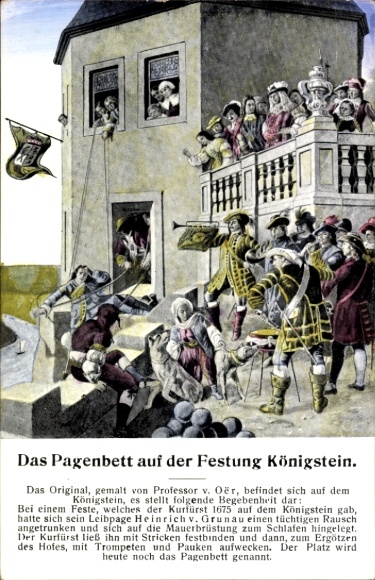 Ak Königstein an der Elbe Sächsische Schweiz, Das Pagenbett auf der Festung  Kurfürst 1675, Heinr