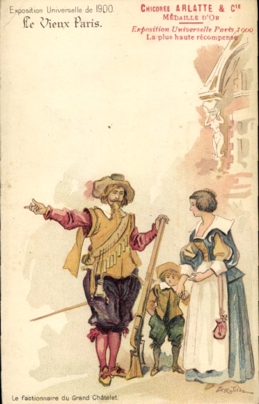 Artist PC Robida, Exposition Universelle de 1900, Vieux Paris, Le factionnaire du Grand Chatelet