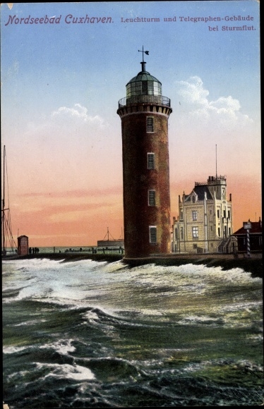 Postcard Nordseebad Cuxhaven, lighthouse with telegraph building during storm surge