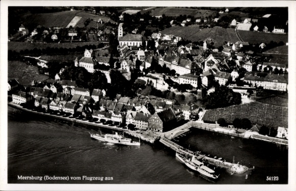 Postcard Meersburg in the Bodenseekreis Baden Württemberg, aerial photography, panorama of the town, steamer