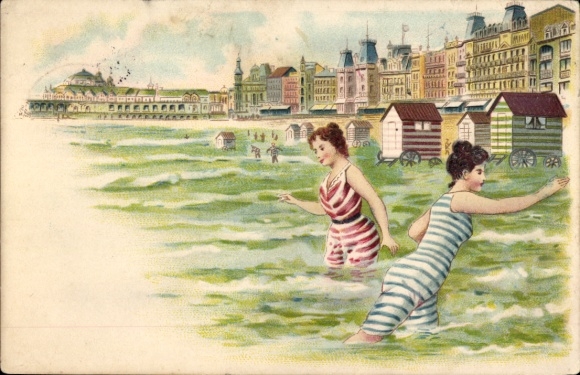 Litho Zwei Frauen in Badekleidung, Strandkabinen