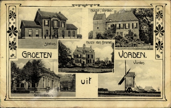 Ak Vorden Gelderland Nederland, treinstation, Huize den Bramel, molen, gemeentehuis