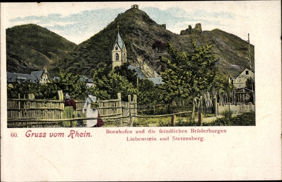 Postcard Bornhofen am Rhein, The Enemy Brothers, Sternberg Castle, Sterrenberg, Liebenstein