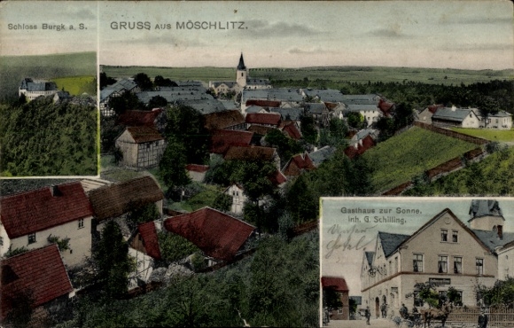 Ak Möschlitz Schleiz im Vogtland Thüringen, Schloss Burgk, Gasthaus zur Sonne