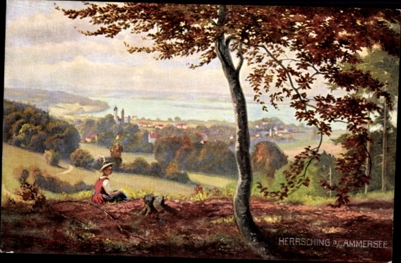 Artist Postcard Herrsching am Ammersee in Upper Bavaria, village with landscape view