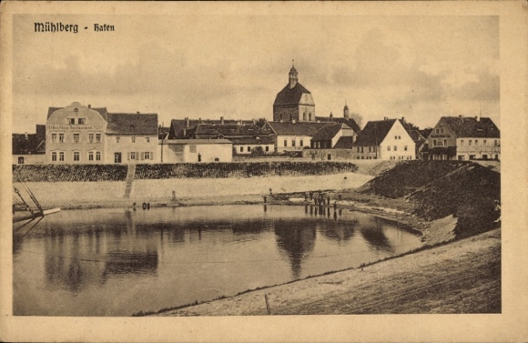 Ak Mühlberg, Blick auf den Hafen,Elbschloss Restaurant