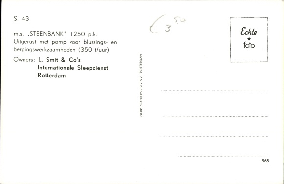 Postcard tugboat MS Steenbank, L. Smit &amp; Co., International Sleepdienst