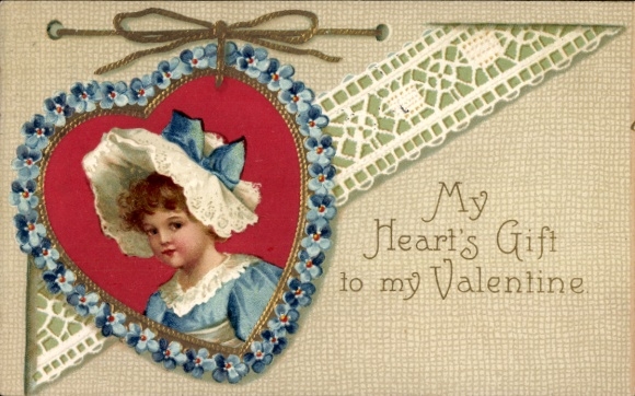 Postcard Congratulations Valentine's Day, Girl Portrait, Forget-me-not