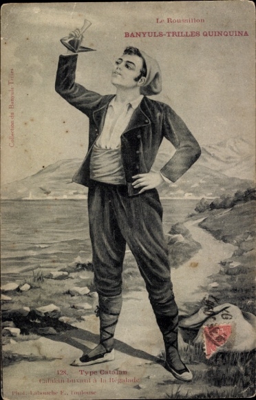 Postcard Catalan, man in folk costume, liquid
