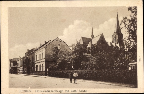 Postcard Jüchen North Rhine Westphalia, Odenkirchenerstrasse with cath. Church