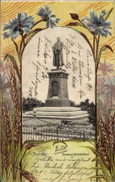 Passepartout Postcard Zwickau in Saxony, Bismarck monument, flowers