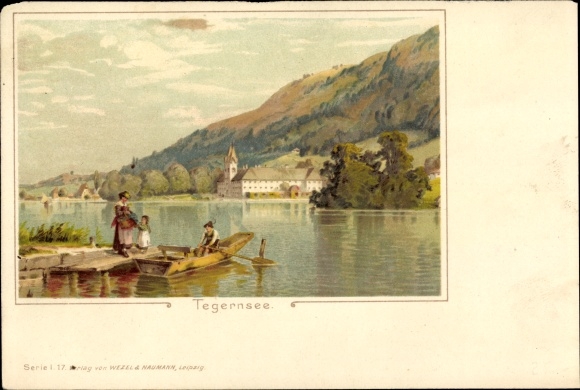 Artist Chromo-Litho Tegernsee District of Miesbach Upper Bavaria, boat dock, house