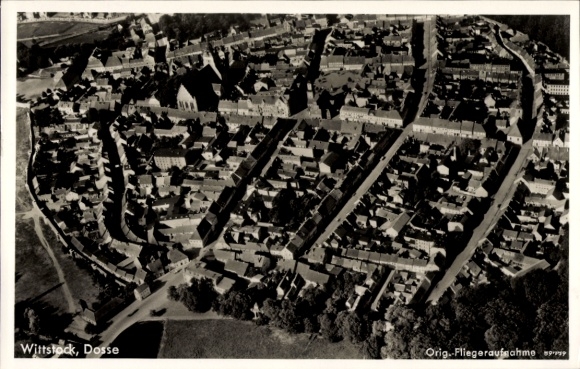 Postcard Wittstock Dosse in the Prignitz, aerial photograph of Wittstock, buildings and streets, black and white
