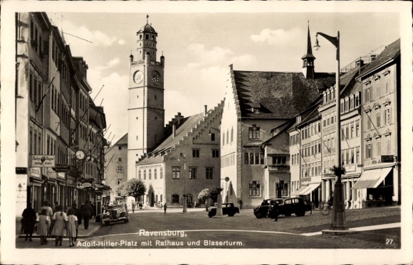 KP Ravensburg w Wirtembergii Górna Szwabia, Plac Adolfa Hitlera, ratusz, Blaserturm
