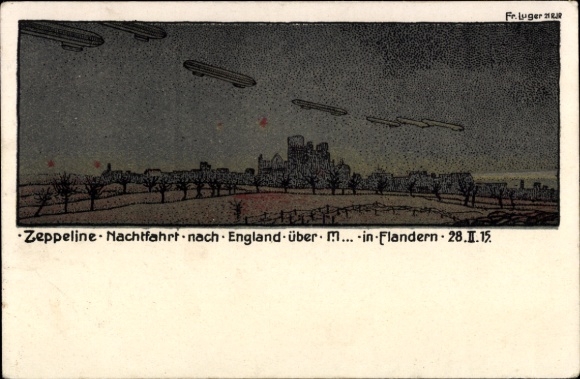 Künstler Ak Luger, Zeppeline Nachtfahrt nach England, Flandern 28. Januar 1915