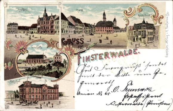 Litho Finsterwalde in der Niederlausitz, Markt, Reichsbank, Turnhalle, Bahnhof