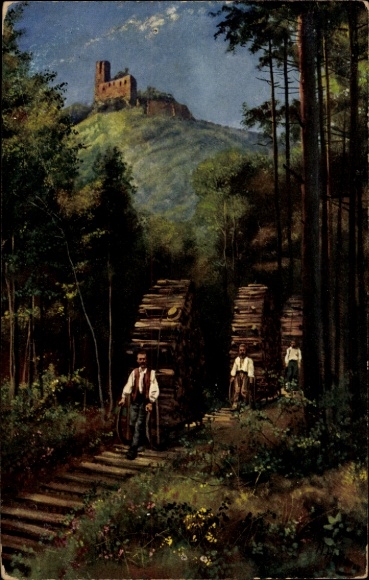 Künstler Ak Hoffmann, H., Andlau Elsass Bas Rhin, Holzschlitter bei der Ruine Spesburg